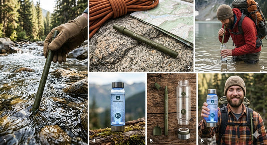 Biggreenbear 420ml Hydrogen Water Infuser Infographic featuring 1600ppb SPE/PEM technology, borosilicate glass, and 3-minute cycle in an Alaskan wilderness setting with a Kodiak bear.
