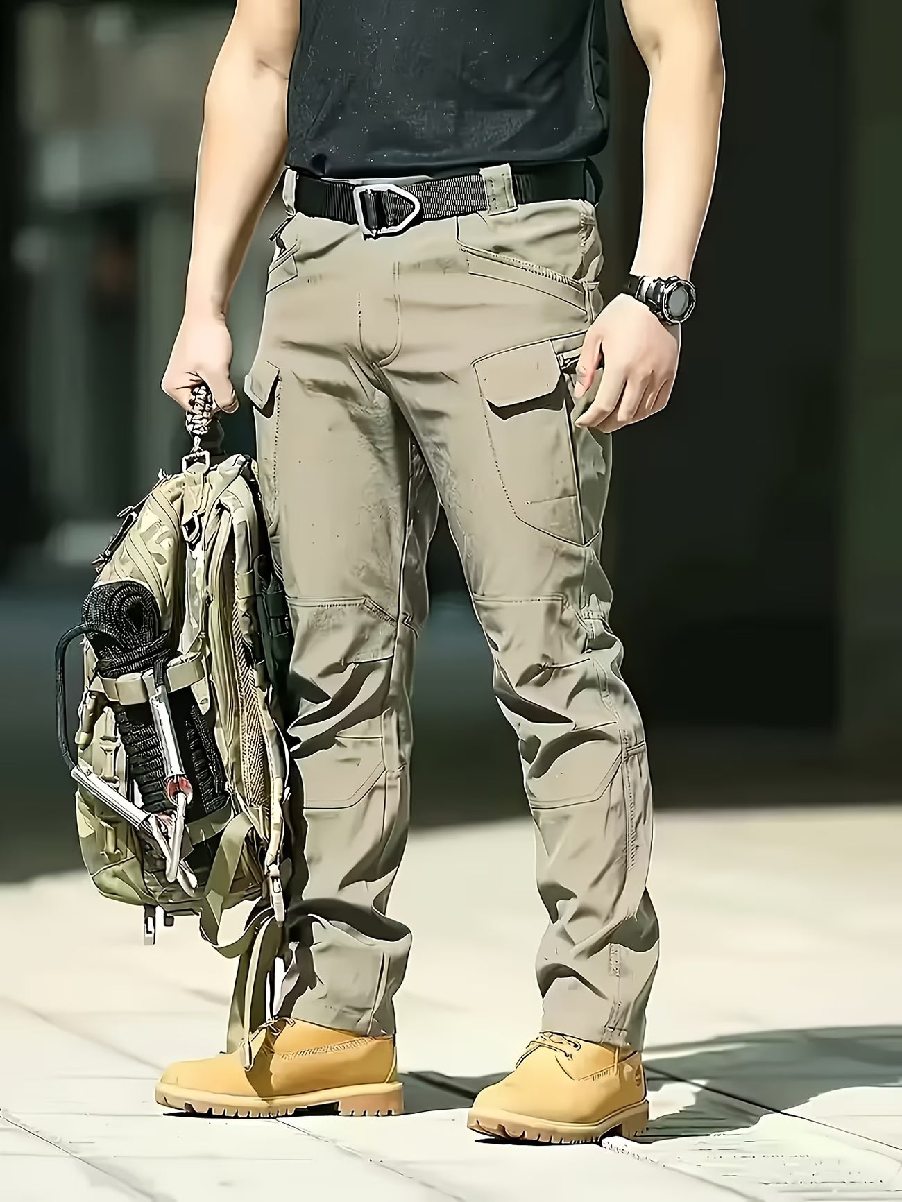 Person wearing camouflage pants and tan boots holding a backpack. Biggreenbear.com