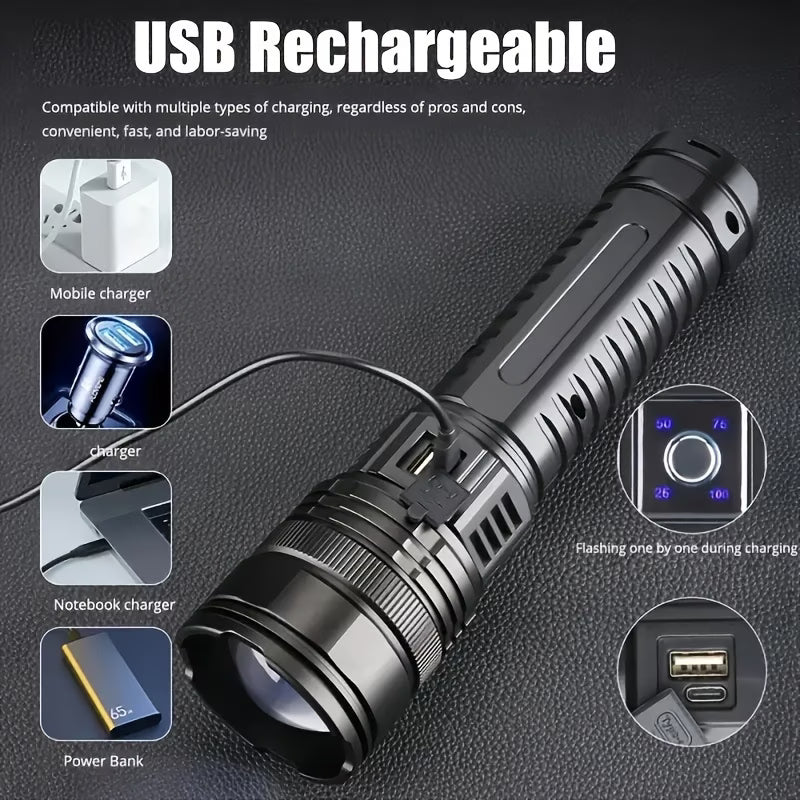 Black flashlight with USB charging capabilities on a dark background