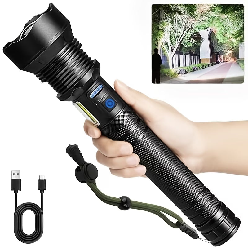 Black flashlight held by a hand with inset of flashlight beam on path, USB cable, and lanyard. Biggreenbear.com
