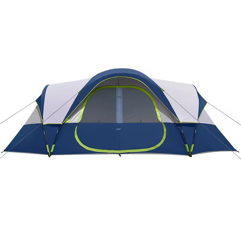 Blue and gray tent with green accents on a white background
