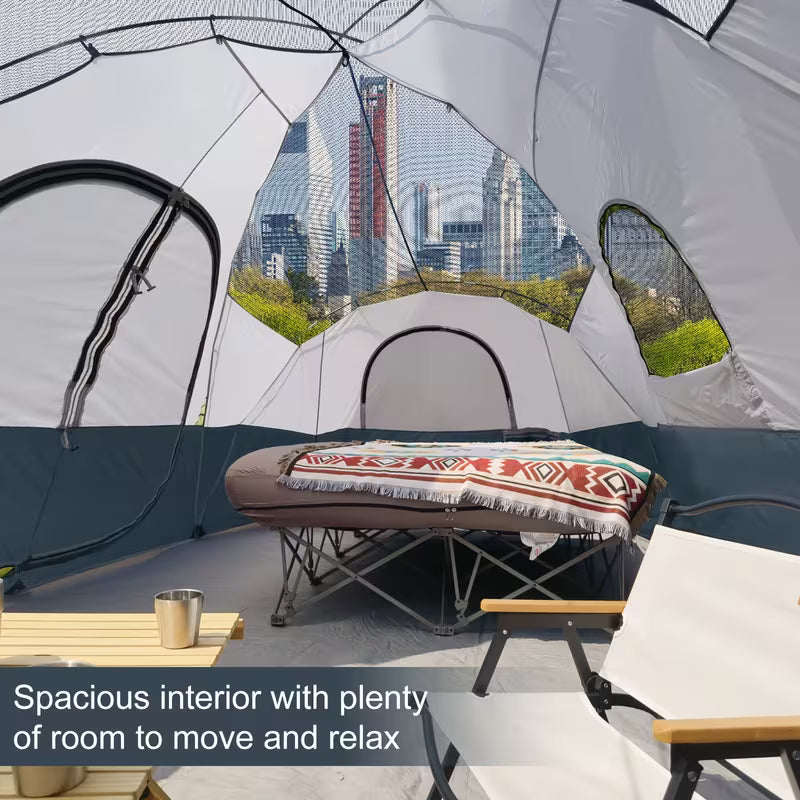 Camping tent with interior view of a cityscape, featuring a bed and table setup.