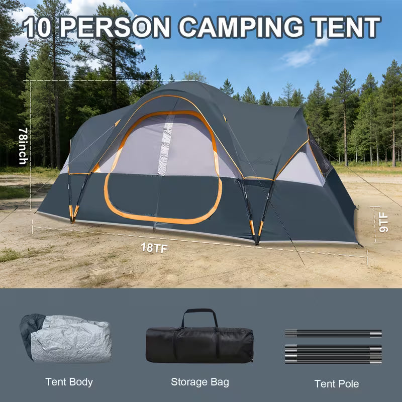 10-person camping tent with measurements and components displayed.