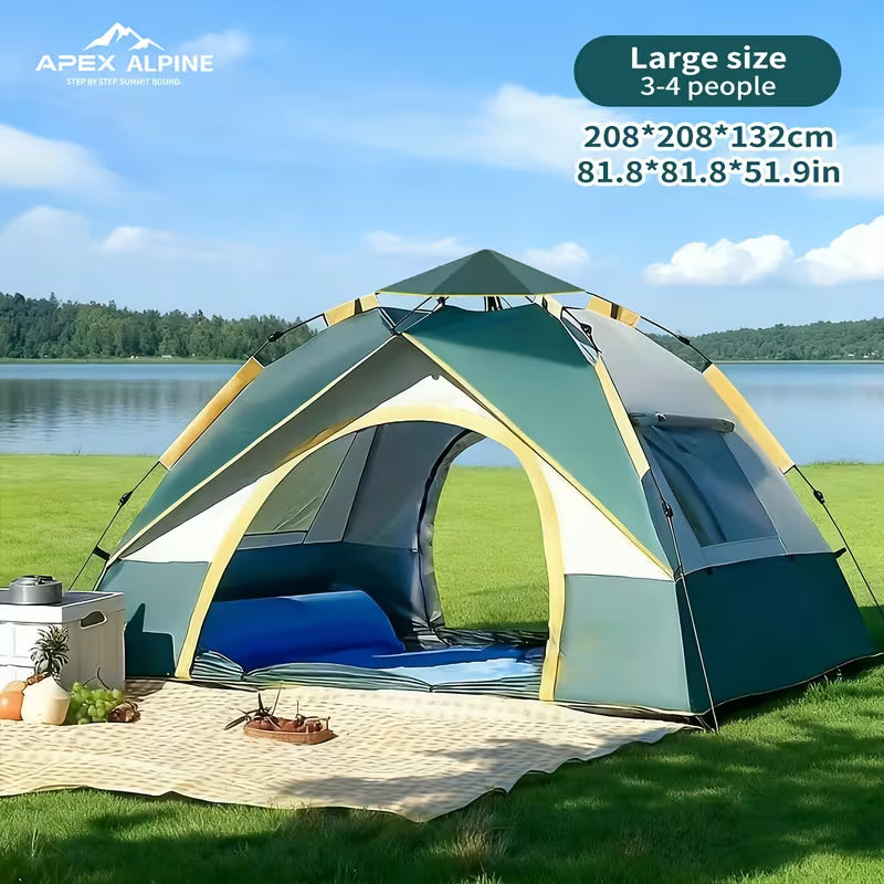 Camping tent with Apex Alpine branding on a grassy area by a lake