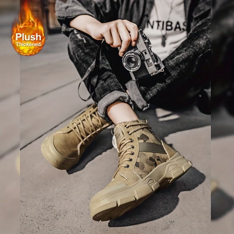 Person wearing camouflage boots with a camera, sitting on a concrete surface.