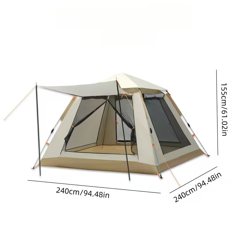 Camping tent with dimensions indicated on a white background
