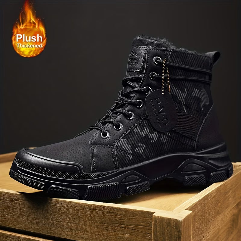 Black boot with plush thickening feature on a wooden block against a dark background