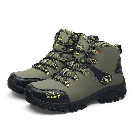 Green hiking boots with gold accents on a white background Biggreenbear.com