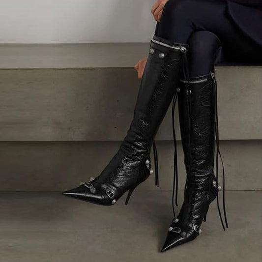 Knee High Boots for Women Fashion Slide Zipper Pointed Toe Stiletto Studded -  BigGreenBear.com boots 69.99 USD Big Green Bear