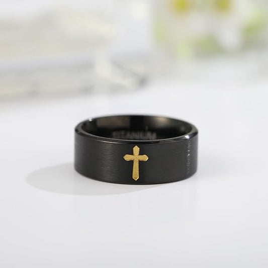 Pure Titanium Cross Ring for Men, Christian 8MM Black