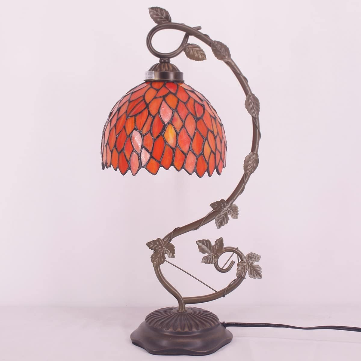 Tiffany Style Lamp Red Wisteria Stained Glass Table Lamp, Metal Leaf Base 21"