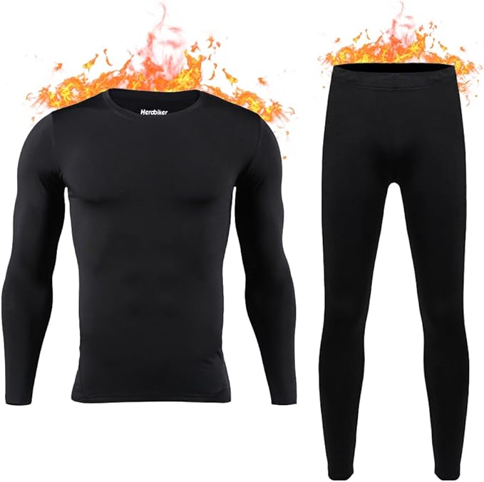 Men's Black Fleece Lined Thermal Underwear Set - Top and Bottom Base Layer - Big Green Bear