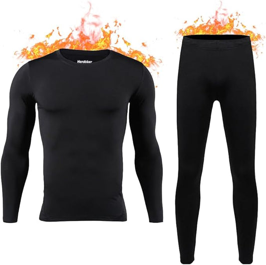 Men's Black Fleece Lined Thermal Underwear Set - Top and Bottom Base Layer - Big Green Bear