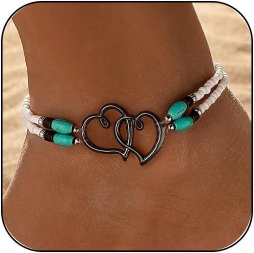 Beaded Ankle Bracelets for Women Waterproof, Boho  Double Hollow Hearts Layered