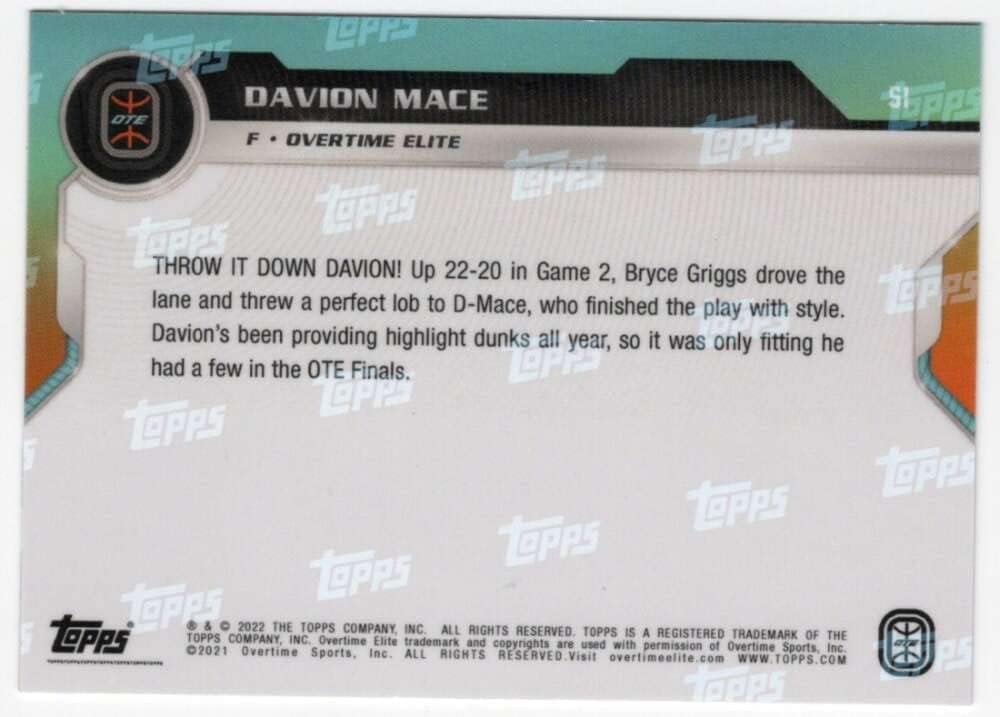 DAVION MACE RC 2022 Topps NOW ROOKIE /25#51 -  BigGreenBear.com trading cards 55.00 USD Big Green Bear