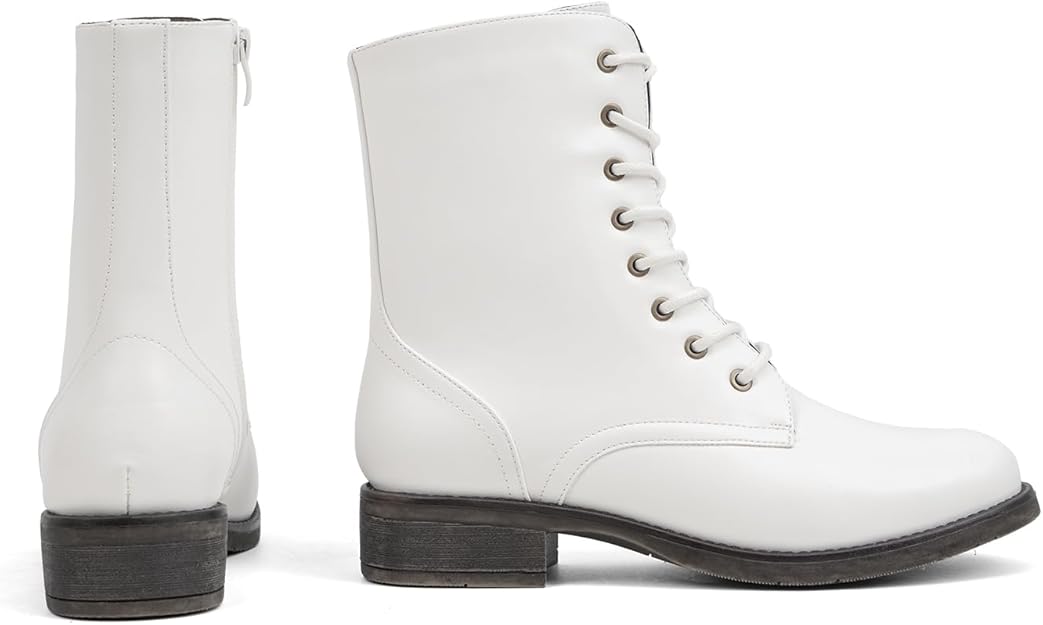 Women's Mid Calf Boots Lace-up Military Combat Low Heel Booties with Zipper