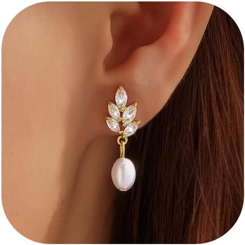 Pearl Earrings for Women, 14k Gold Plated Trendy Diamond Pearl Drop -  BigGreenBear.com jewelry 9.49 USD Big Green Bear