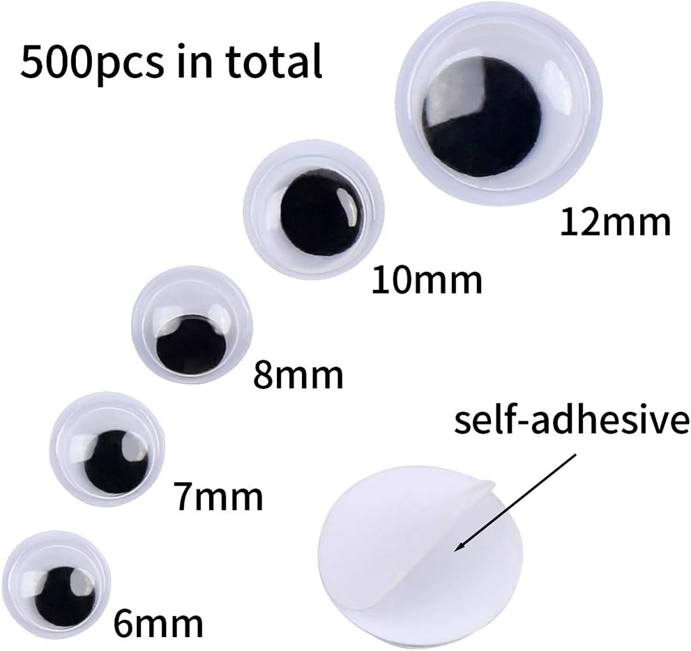 500 Pieces 6mm -12mm Black Wiggle Googly Eyes with Self-Adhesive