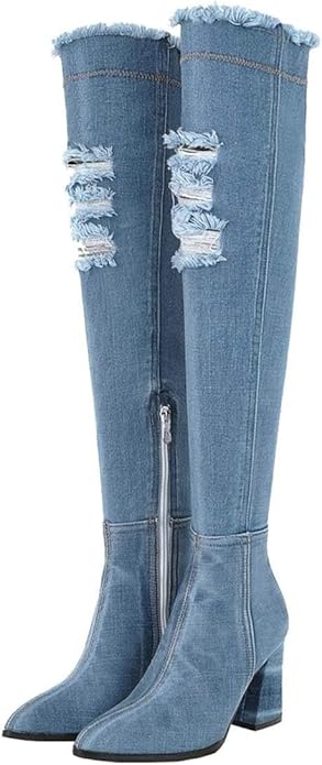 NEW! Denim Ankle Boots for Women Pointed Toe Chunky High Heel  with Side Zipper -  BigGreenBear.com boots 89.23 USD Big Green Bear