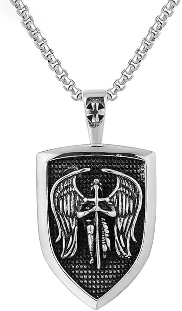 Archangel St Michael Necklace, Shield Pendant Stainless Steel Catholic Saint -  BigGreenBear.com jewelry 18.99 USD Big Green Bear