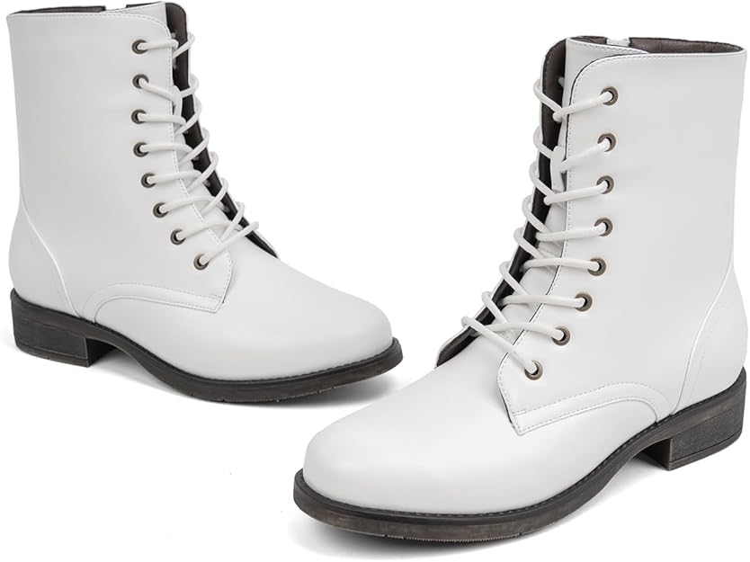 Women's Mid Calf Boots Lace-up Military Combat Low Heel Booties with Zipper