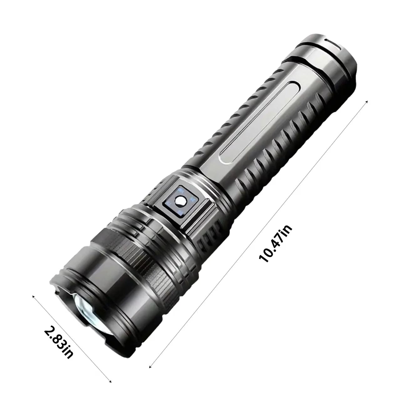 Black flashlight with measurements on a white background