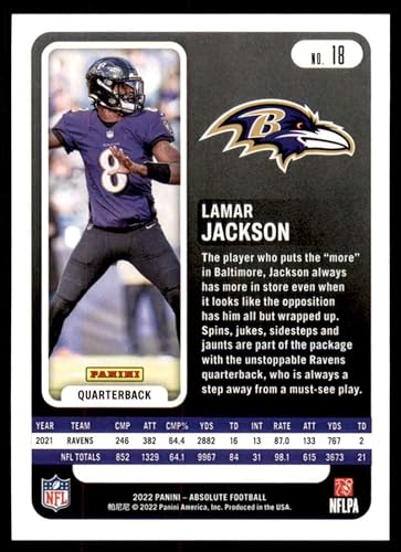 2022 Panini Absolute #18 Lamar Jackson Baltimore Ravens NFL