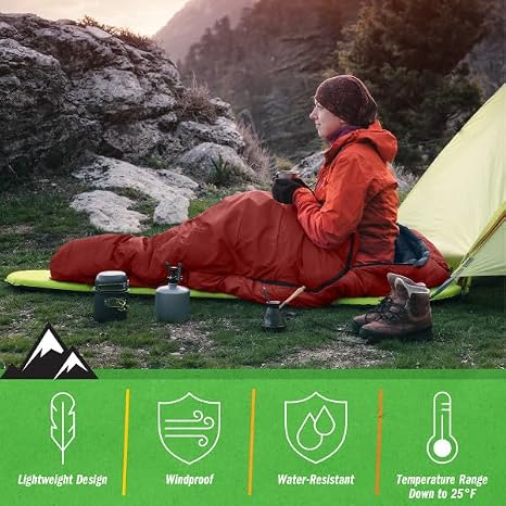 A person sits in a red sleeping bag outdoors beside a yellow tent on grassy ground, with rocks and mountains in the background. A green banner at the bottom lists product features such as lightweight design, windproof, water-resistant, and temperature range down to 25°F.