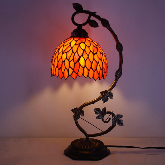 Tiffany Style Lamp Red Wisteria Stained Glass Table Lamp, Metal Leaf Base 21"