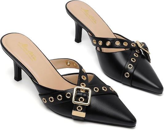 Kitten Mules Heels for Women Pointed Closed Toe Pumps -  BigGreenBear.com clothing 65.00 USD Big Green Bear