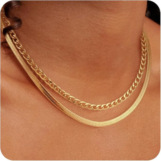 Layered Gold Necklaces for Women - 18K Gold Plated Herringbone Paperclip Chain -  BigGreenBear.com jewelry 9.79 USD Big Green Bear