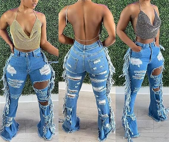 Women's Skinny Tassels Ripped Jeans High Waisted -  BigGreenBear.com clothing 29.95 USD Big Green Bear