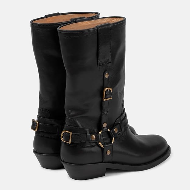 Mid Calf Boots For Women Chunky Low Heel Riding Booties Motorcycle Biker