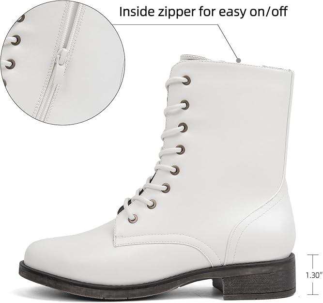 Women's Mid Calf Boots Lace-up Military Combat Low Heel Booties with Zipper