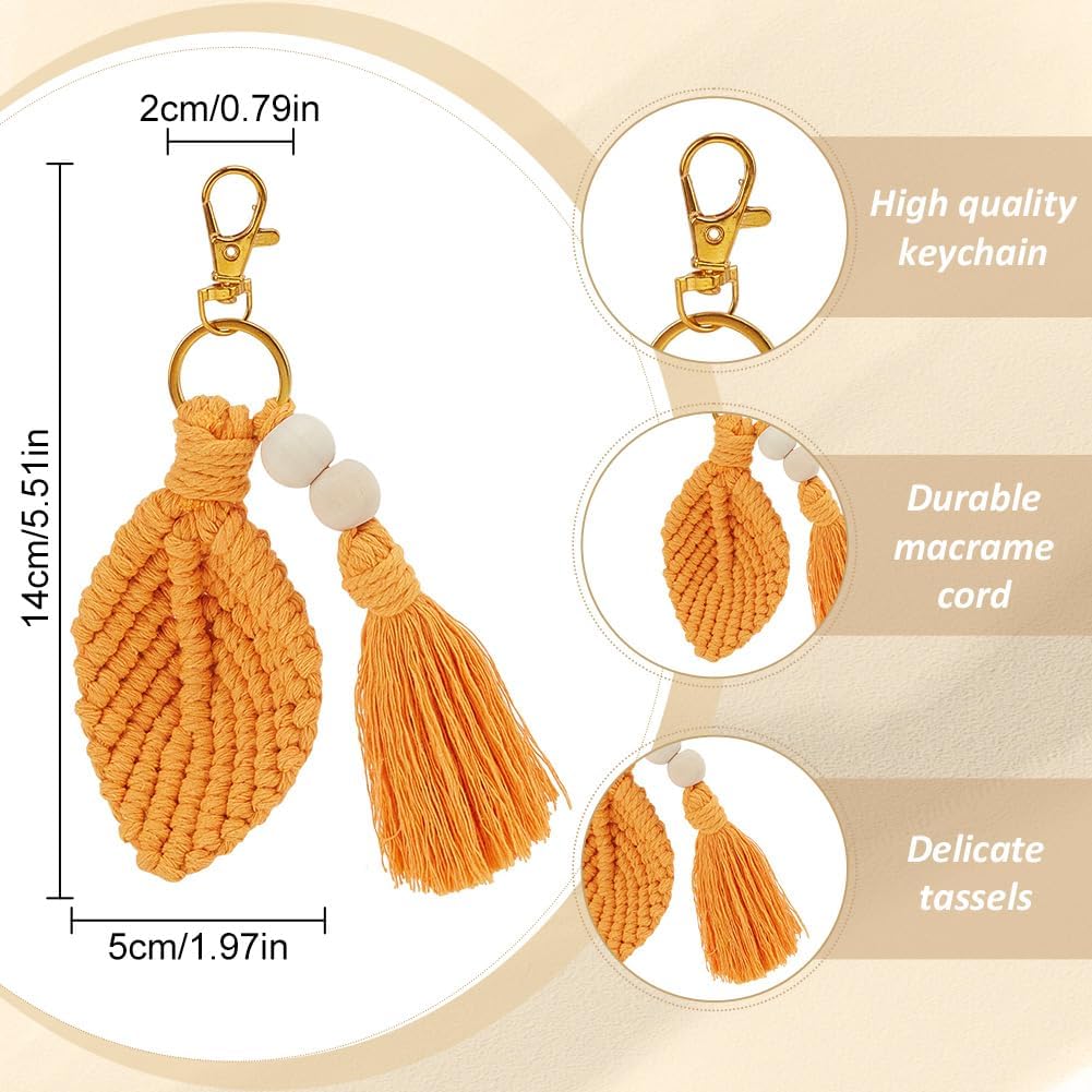 3 Sets Colorful Leaf Shape Macrame Keychain Kits with Tassel