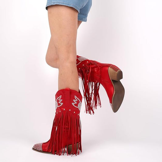Cowboy Boots for Women Red Cowgirl Boots with Fringe Rhinestone Hearts -  BigGreenBear.com boots 69.99 USD Big Green Bear