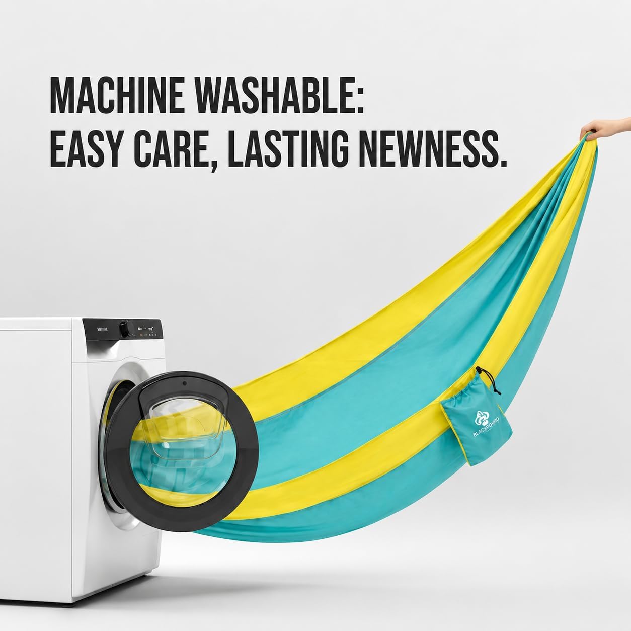 Teal and yellow hammock next to a washing machine with text about machine washability.