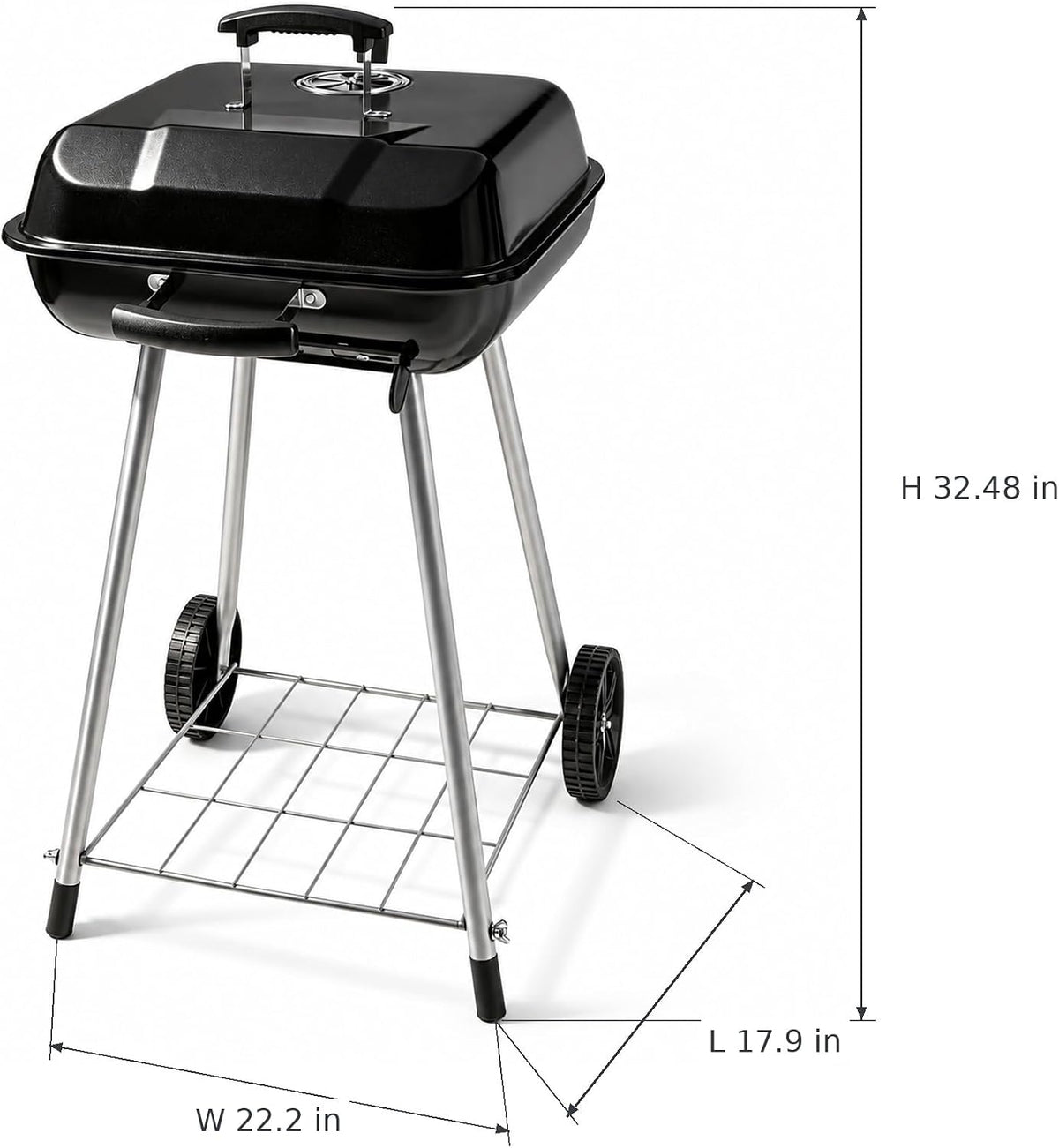 Black charcoal grill with silver legs and a wire lower shelf, shown with dimension lines and measurements for height, width, and length on a white background.