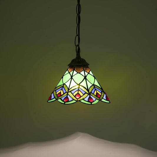 Tiffany Style Pendant Light 8 Inch Green Peacock Tail Lamp
