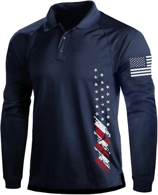 Men's Patriotic Long Sleeve Golf Polo - Raglan Stretch Biggreenbear.com Big Green Bear