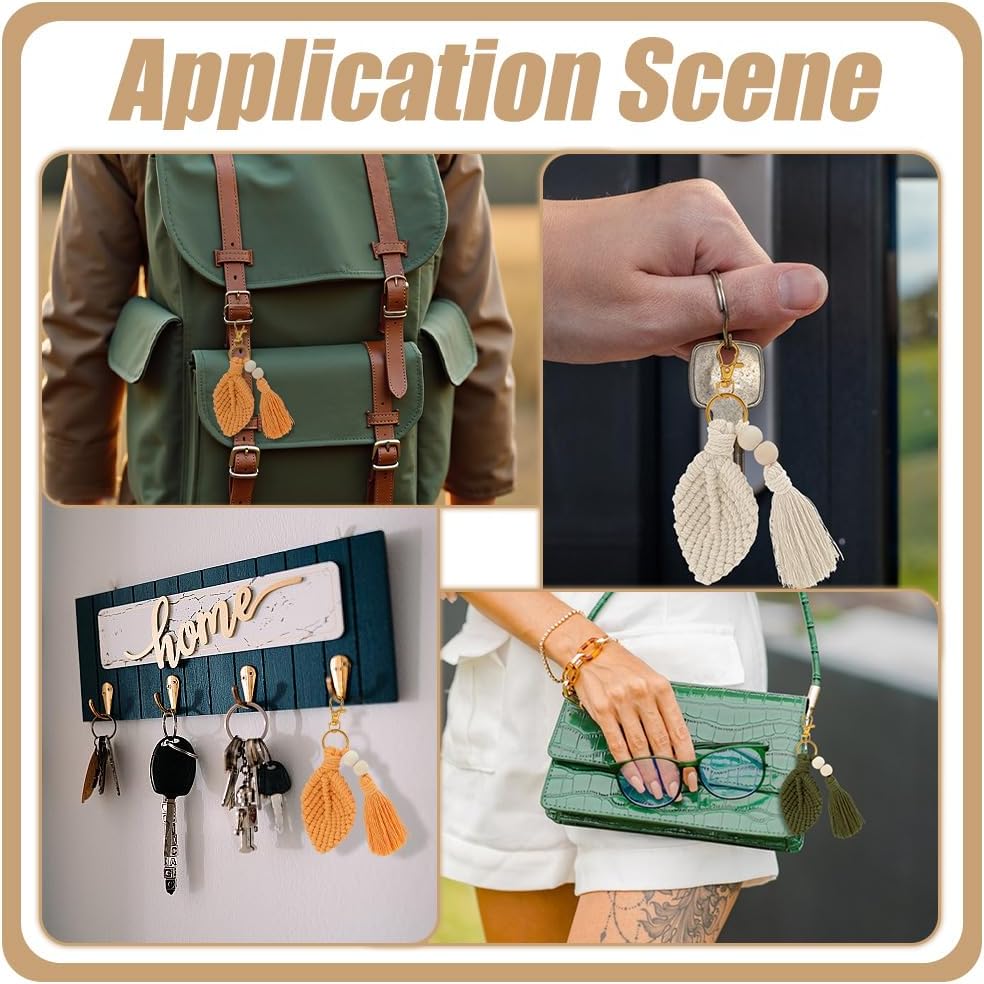 3 Sets Colorful Leaf Shape Macrame Keychain Kits with Tassel