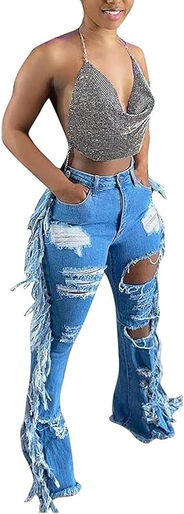 Women's Skinny Tassels Ripped Jeans High Waisted -  BigGreenBear.com clothing 29.95 USD Big Green Bear