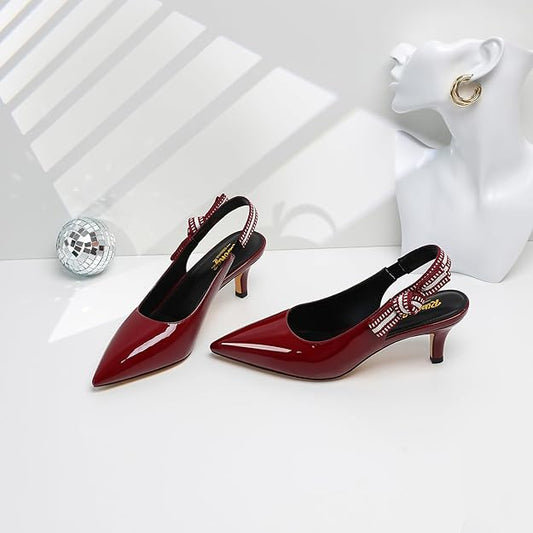 Women Slingback High Kitten Heel Shoes Closed Pointed Toe Dress Pumps -  BigGreenBear.com shoes 39.99 USD Big Green Bear