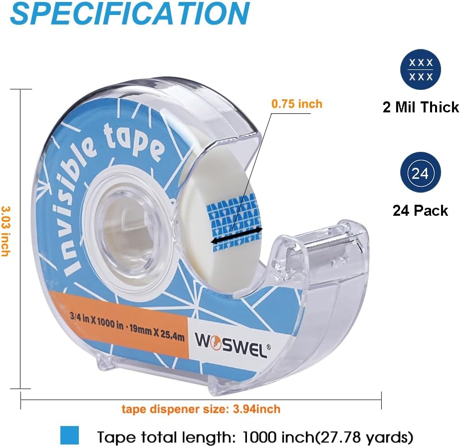 Tape Refills with Dispenser, 24 Roll Invisible Tapes, 3/4 Inch X 1000 in