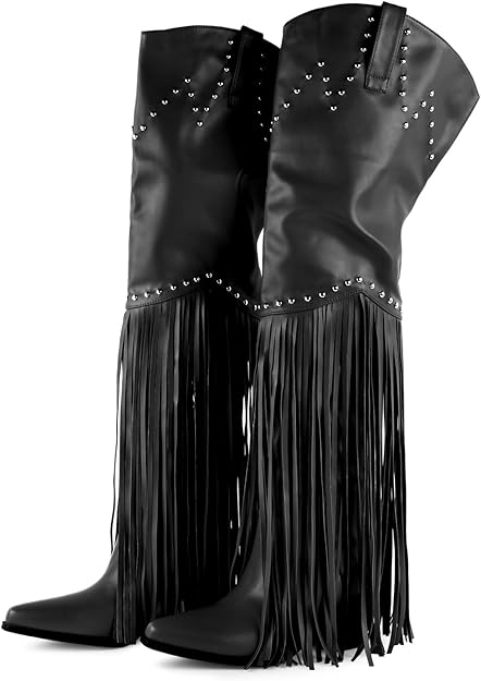 Fringe Cowboy Boots for Women, Thigh High Cowgirl Western Boots Black-Studded -  BigGreenBear.com shoes 99.00 USD Big Green Bear