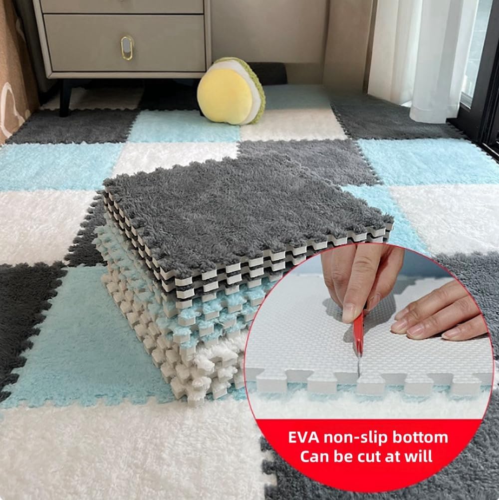 12pcs Carpet Squares Puzzle Floor Mat, Plush Interlocking Pink + Purple