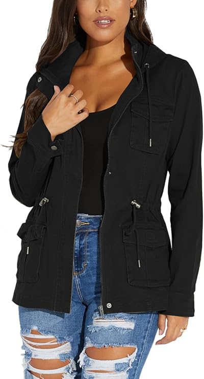  "BigGreenBear Women's Black Shacket – Full Zip Canvas Fall Jacket with 4 Pockets."