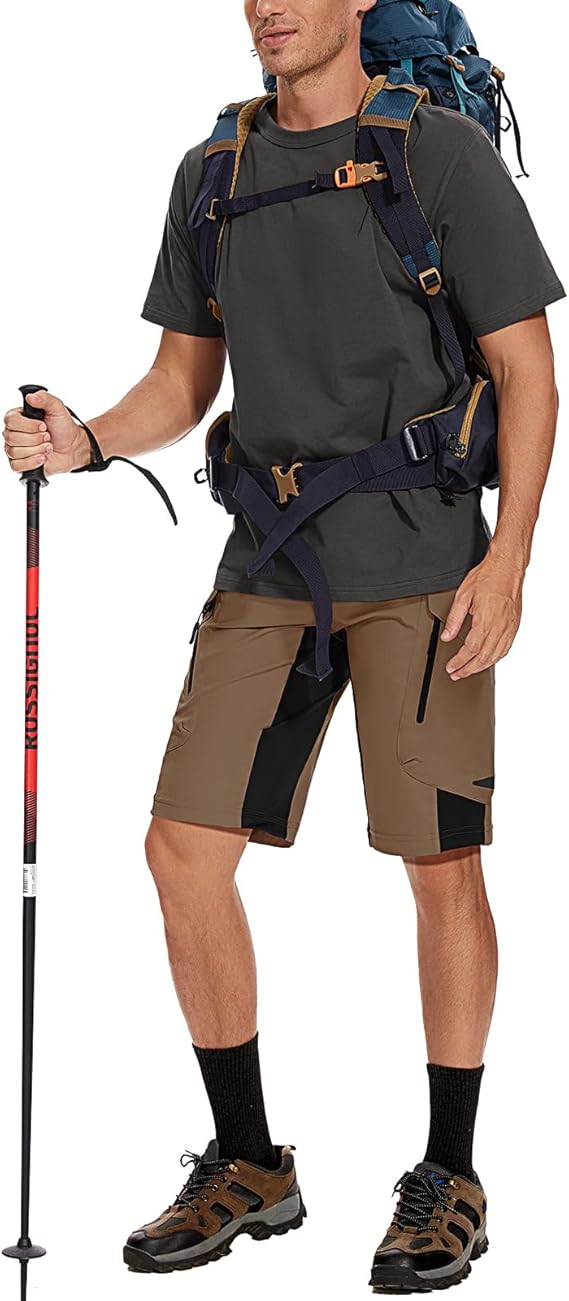 Man hiking on a mountain trail wearing quick-dry tactical shorts with 6 pockets.
