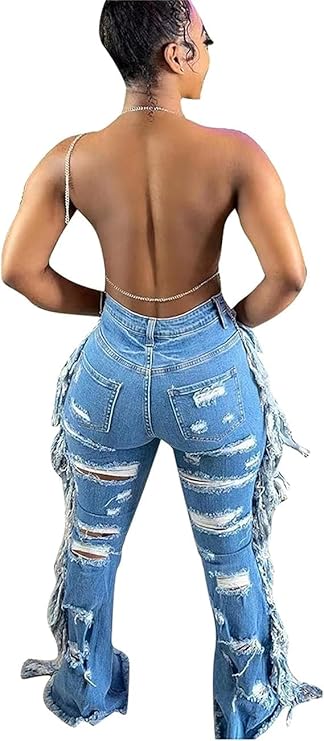 Women's Skinny Tassels Ripped Jeans High Waisted -  BigGreenBear.com clothing 29.95 USD Big Green Bear
