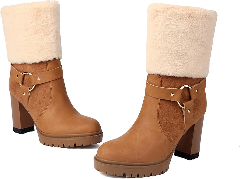 Women's Ankle Boots Platform Boots Side Zip Chunky Heel Booties with Fur -  BigGreenBear.com shoes 49.99 USD Big Green Bear